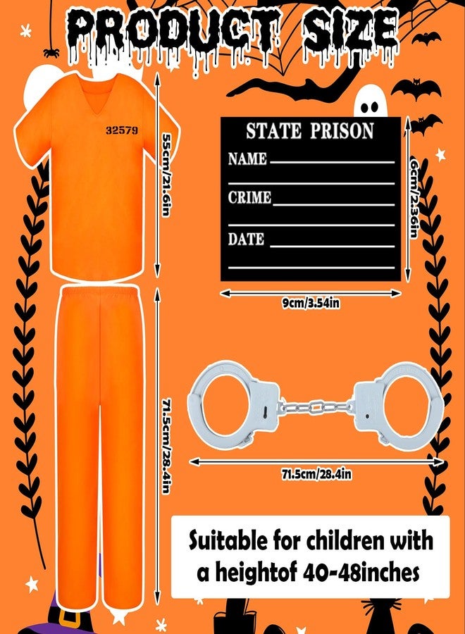 Poen Kids Prisoner Costume Halloween Set Orange Prisoner Jumpsuit with Handcuffs and ID Card for Boys Girls Children Cosplay(Large) - Image 2