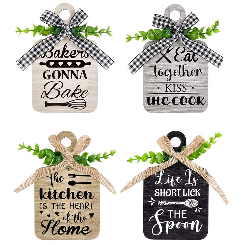 PH PandaHall 4pcs Kitchen Wooden Hanging Signs, 3.5x5.9 inch Wood Sign Kitchen Wall Decor Hanging Plaques Farmhouse Eat Sign for Home Dining Living Room Bar Cafe Art Decor - Image 1