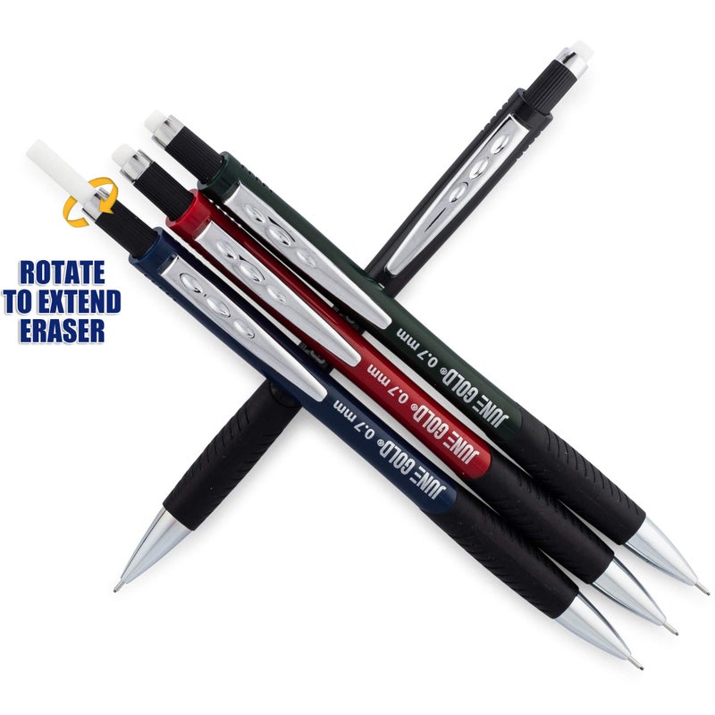 June Gold 8 Pack 0.7 mm HB #2 Mechanical Pencils, Extra Long Spin Eraser, 2 Lead Dispensers/w 220 Refills & 8 Refill Erasers, Break Resistant Lead, Soft Non-Slip Grip - Image 2