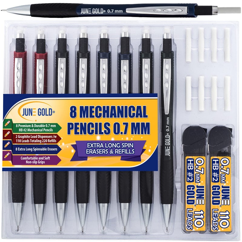 June Gold 8 Pack 0.7 mm HB #2 Mechanical Pencils, Extra Long Spin Eraser, 2 Lead Dispensers/w 220 Refills & 8 Refill Erasers, Break Resistant Lead, Soft Non-Slip Grip - Image 1