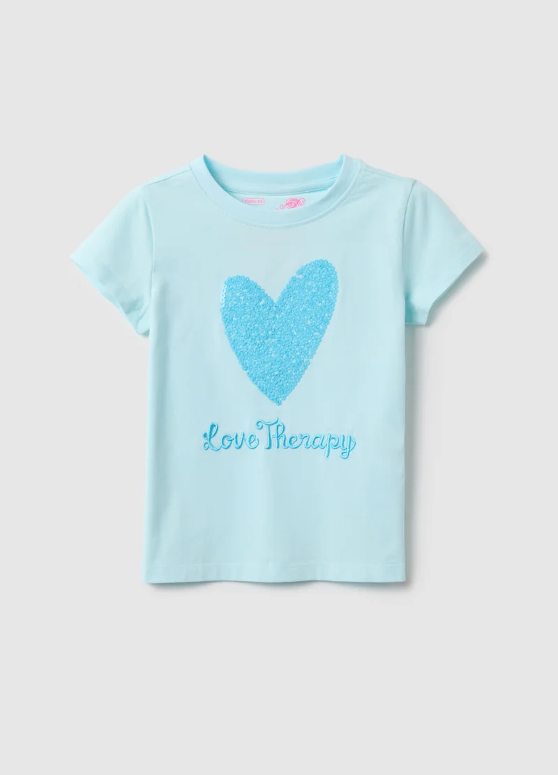 او في اس Ovs Blue Stretch Cotton Regular Fit Heart T-Shirt For Girls
