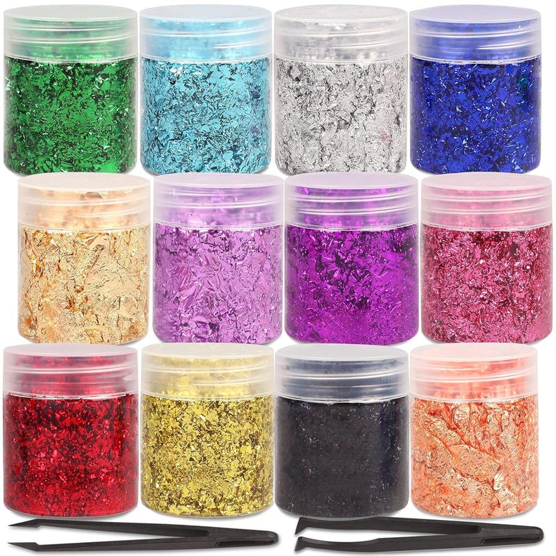 Gold Foil Flakes 12 Colors Gilding Flakes for Resin Crafts Home Decoration Painting