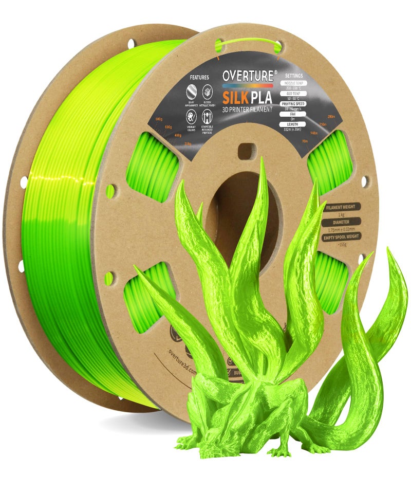 OVERTURE Silk Filament PLA 175mm ClogFree Shiny 3D Printer Filament 1kg Spool 22lbs Dimensional Accuracy 002 mm Fit Most FDM PrinterSilk Neon Green