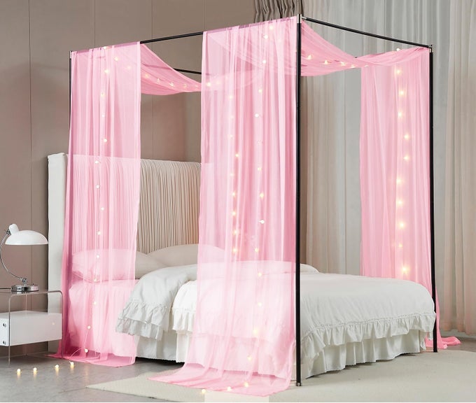 CANOPY BED CURTAINS WITH LIGHT PRINCESS BED CANOPY SCARF FOR FULLQUEEN METAL BED FRAMEWOOD FRAME BED2 PANEL SHEER CURTAINFULLQUEENPINK