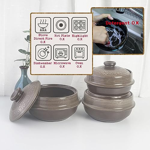 BALWOO Korean Pot [Inlaid][20oz, 600ml] MUD GLAZE Earthenware Ttukbaegi, Ceramic Clay Cooking Pot Casserole, Heat Resistant Earthen Bowl, Stone Bowl Stockpot Soup Cookware, Pottery Bowl - Image 3