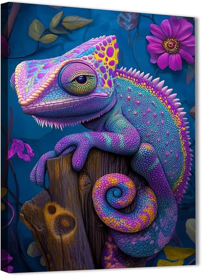 Skills Canvas Wall Art - Rainbow Chameleon Sitting on a Tree Trunk in a Fantasy Botanical Environment - Wall Art for Living Room, Bedroom, Office Decorations & More - Size (30cm x 40cm) 