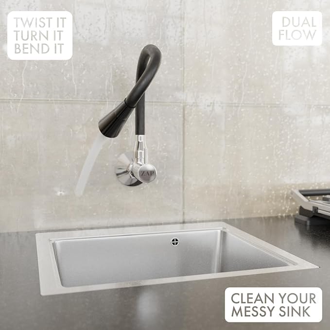ZAP Wall Mounted Brass Kitchen Tap | Dual Mode Sink Cock with Swivel Spout | Chrome Finish Kitchen Faucet | Easy Installation Tap for Home & Modular Kitchens (Black) - Image 3