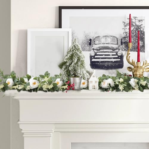 MAKHOT 2Pack White 6.6 Ft Eucalyptus Garland with Lovely Faux Rose Flowers, Artificial Eucalyptus and Rose Garlands Decor, Floral Greenery Garland for Wedding Home Table Decor (White) - Image 3