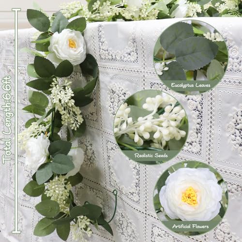 MAKHOT 2Pack White 6.6 Ft Eucalyptus Garland with Lovely Faux Rose Flowers, Artificial Eucalyptus and Rose Garlands Decor, Floral Greenery Garland for Wedding Home Table Decor (White) - Image 2