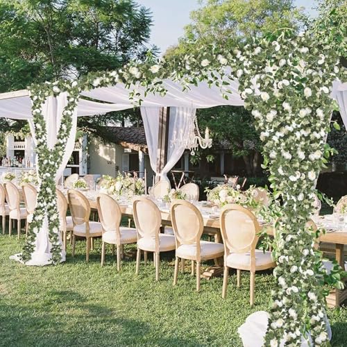 MAKHOT 2Pack White 6.6 Ft Eucalyptus Garland with Lovely Faux Rose Flowers, Artificial Eucalyptus and Rose Garlands Decor, Floral Greenery Garland for Wedding Home Table Decor (White) - Image 4