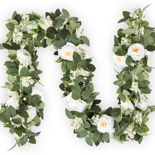 MAKHOT 2Pack White 6.6 Ft Eucalyptus Garland with Lovely Faux Rose Flowers, Artificial Eucalyptus and Rose Garlands Decor, Floral Greenery Garland for Wedding Home Table Decor (White) - Image 5
