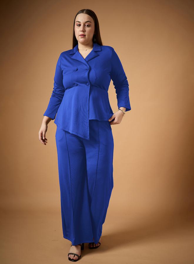 SASSAFRAS Plus Size Ruched Sleeves Blazer and Straight Pants Set - Image 1