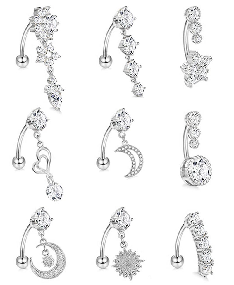 Masedy 9Pcs 14G Stainless Steel Dangle Belly Rings for Women Reverse Navel Rings Curved Barbell Body Piercing Jewelry Silver - Image 1