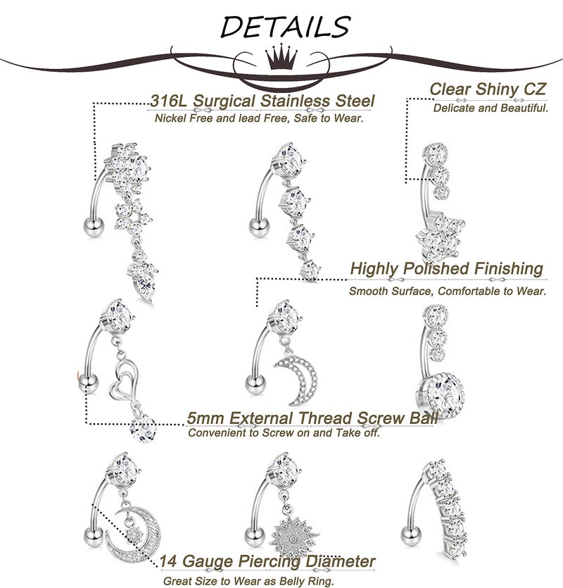 Masedy 9Pcs 14G Stainless Steel Dangle Belly Rings for Women Reverse Navel Rings Curved Barbell Body Piercing Jewelry Silver - Image 5