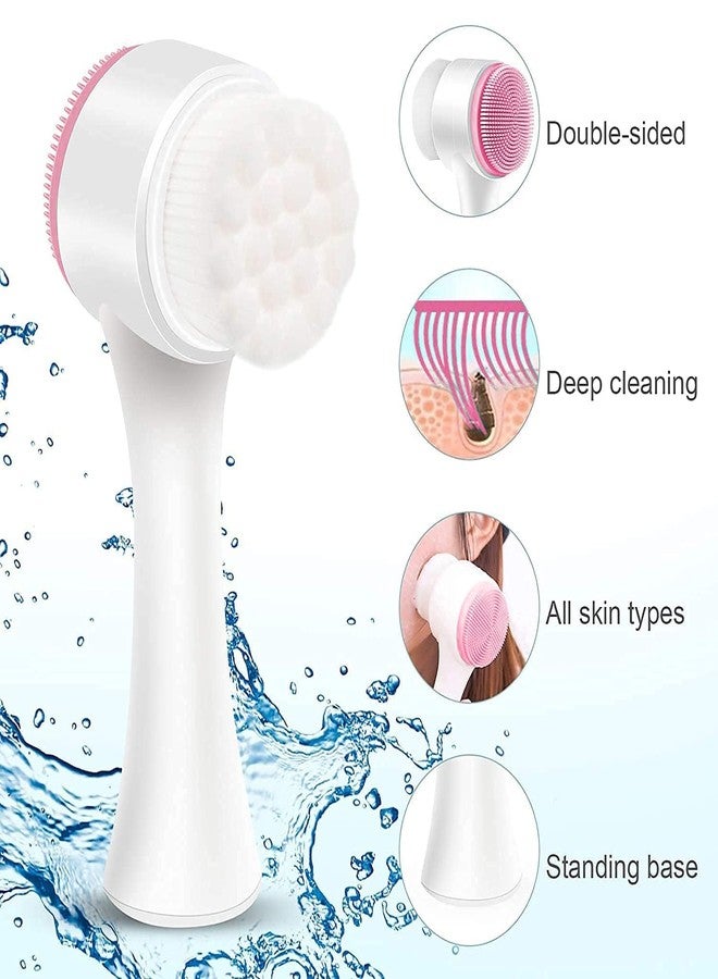 SPOLIK Face Brush Long Manual Facial Cleansing, Double Side Skin Care Facial Cleaning Brush, Silicone Facial Scrubber Manual Dual Face Wash Brush for Deep Pore Exfoliation Massaging (Pink) - Image 2