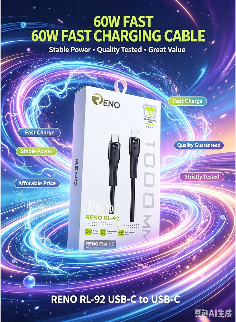 RENO RL-92 USB-C to USB-C 60W Fast Charging & Data Sync Cable (1m) - Black - Image 1