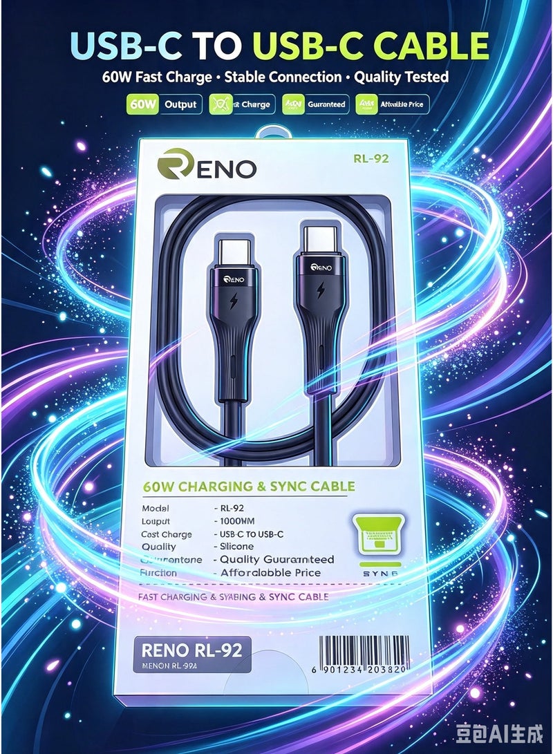 RENO RL-92 USB-C to USB-C 60W Fast Charging & Data Sync Cable (1m) - Black - Image 2