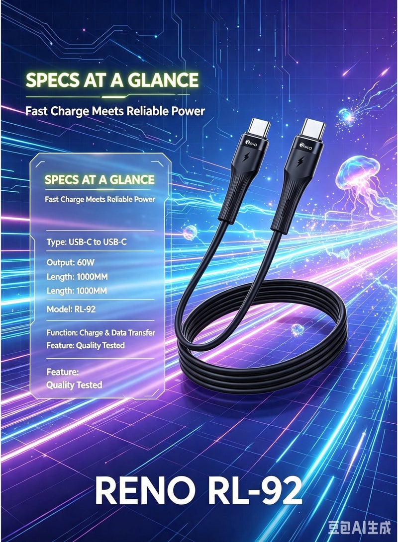 RENO RL-92 USB-C to USB-C 60W Fast Charging & Data Sync Cable (1m) - Black - Image 3