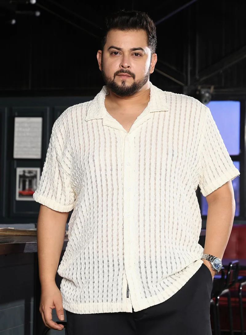 Instafab Plus Men Striped Tactile-Knit Oversized Shirt | Cuban Collar, Short Sleeves | Button Closure, Straight Hem | Solid Textured | Knit Fabric For Plus Size Casual & Daily Wear | Cloud White