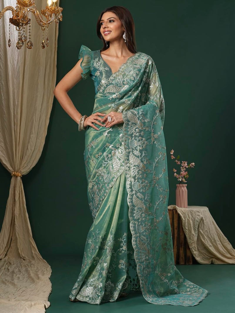 SAREE MALL Women's Teal blue Organza Embroidered Saree With Unstitched Blouse (KRIYNS1001_KH) - Image 3