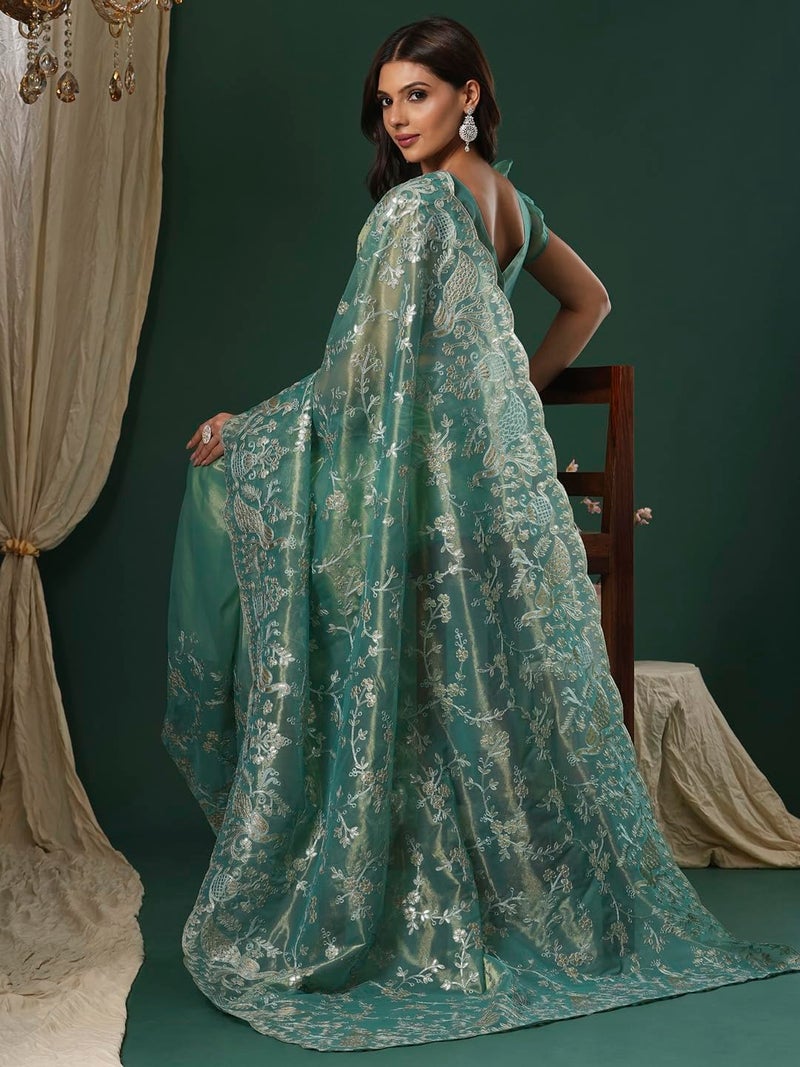 SAREE MALL Women's Teal blue Organza Embroidered Saree With Unstitched Blouse (KRIYNS1001_KH) - Image 4