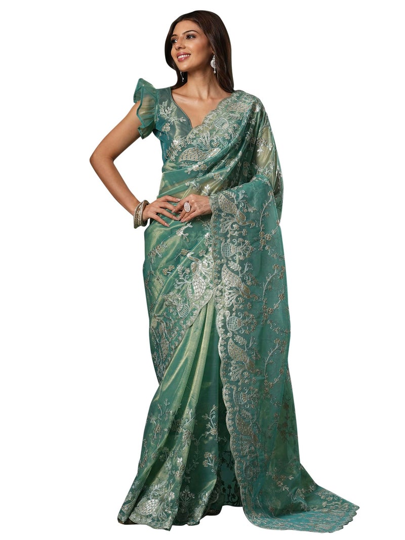 SAREE MALL Women's Teal blue Organza Embroidered Saree With Unstitched Blouse (KRIYNS1001_KH) - Image 1