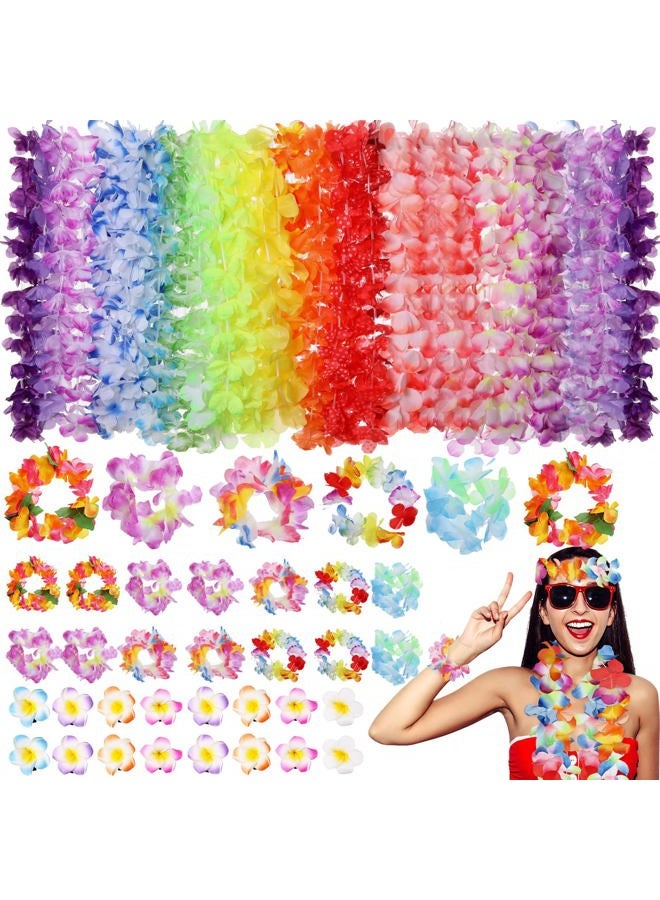 Juinte 200 Pieces Hawaiian Leis Hawaiian Flower Necklace Headbands Wristband Hair Clip Hawaiian Luau Party Supplies Flower Leis Tropical Hawaiian Party Favors for Summer Beach Vacation Party Decoration - Image 1