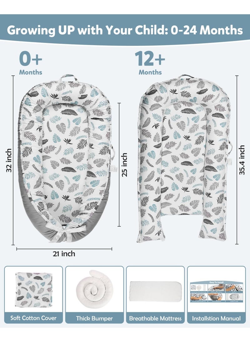 MOMELU Portable Baby Lounger for Newborns 0-24 Months, Co-Sleeping Cotton Nest Bed, Breathable Baby Floor Seat - Grey Leaves - Image 4