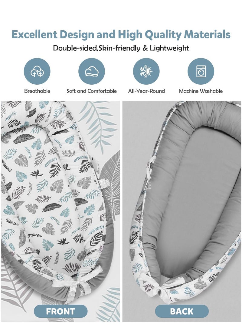 MOMELU Portable Baby Lounger for Newborns 0-24 Months, Co-Sleeping Cotton Nest Bed, Breathable Baby Floor Seat - Grey Leaves - Image 2