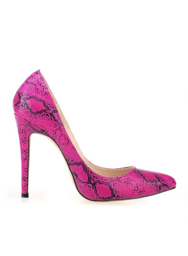 Loquat Western Style Textured Stiletto fuchsia heels with a black snake print pattern - Image 2