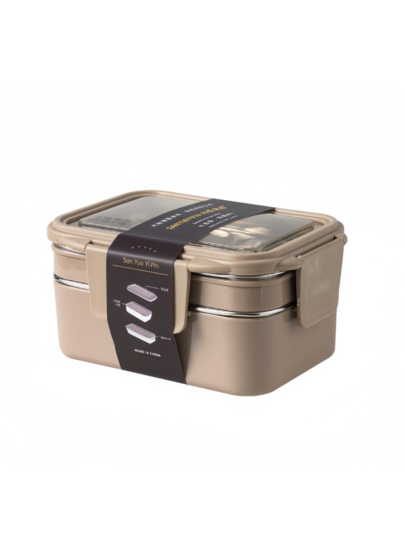 JINFANLI 1100ml double-layer stainless steel lunch box (brown): 3 compartments + built-in spoon, leak-proof and washable, suitable for children and adults - Image 1