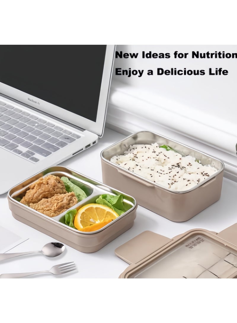 JINFANLI 1100ml double-layer stainless steel lunch box (brown): 3 compartments + built-in spoon, leak-proof and washable, suitable for children and adults - Image 2