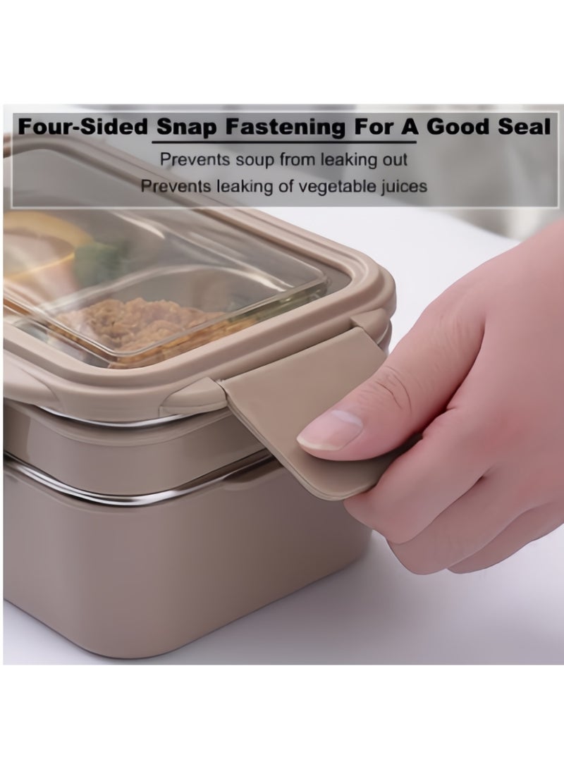 JINFANLI 1100ml double-layer stainless steel lunch box (brown): 3 compartments + built-in spoon, leak-proof and washable, suitable for children and adults - Image 3