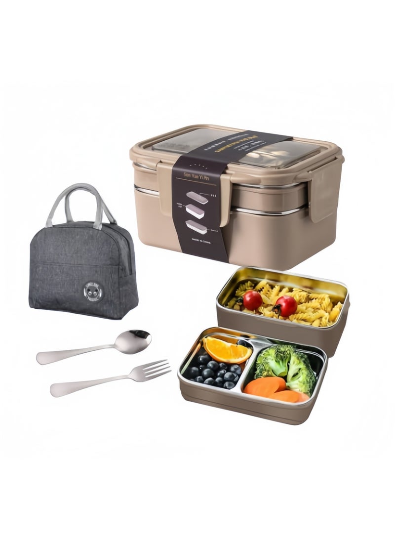 JINFANLI 1100ml double-layer stainless steel lunch box (brown): 3 compartments + built-in spoon, leak-proof and washable, suitable for children and adults - Image 5
