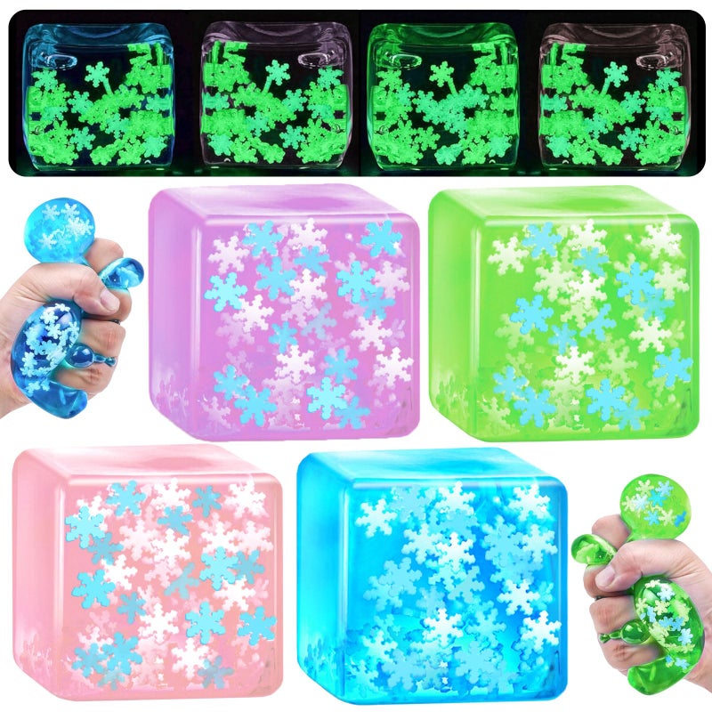 YVBBHE 4 Pack Squeeze Cube with Glow in The Dark Snowflakes InsideSquishy Fidget Gummy Toys Luminous Sensory Toys for Kids Autism Maltose Balls for Anxiety Stress Relief Gifts for Kids - Image 3