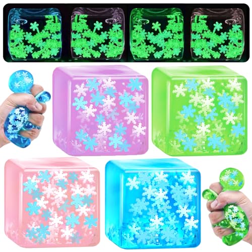 YVBBHE 4 Pack Squeeze Cube with Glow in The Dark Snowflakes InsideSquishy Fidget Gummy Toys Luminous Sensory Toys for Kids Autism Maltose Balls for Anxiety Stress Relief Gifts for Kids - Image 1