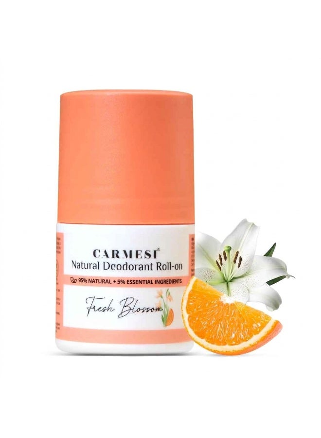 Carmesi Natural Underarm Roll On Deodorant for Women | 95% Natural | Prevents Body Odour |  Fresh Blossom -  | 0.3% (w/w) Salicylic Acid | 50 ml - Image 1