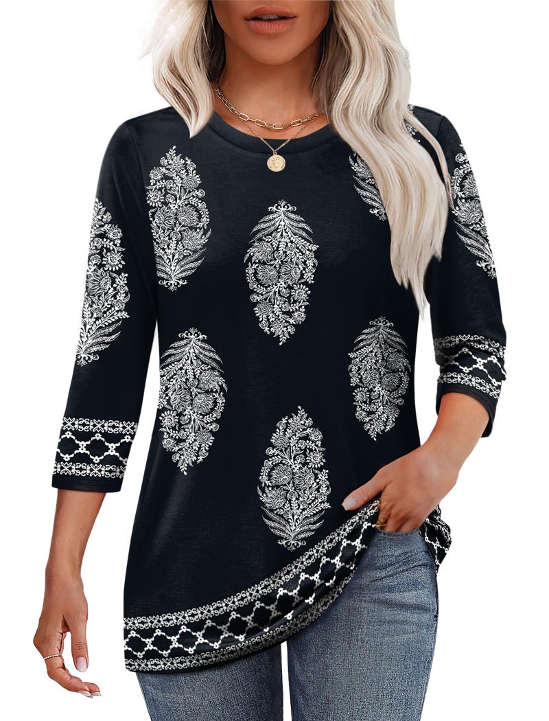 OFEEFAN Boho Tops For Women Plus Size Clothes Spring Fashion 2026 3/4 Length Sleeve Womens Tops Trendy Vacation Outfits Boho Chic Clothing XL - Image 2