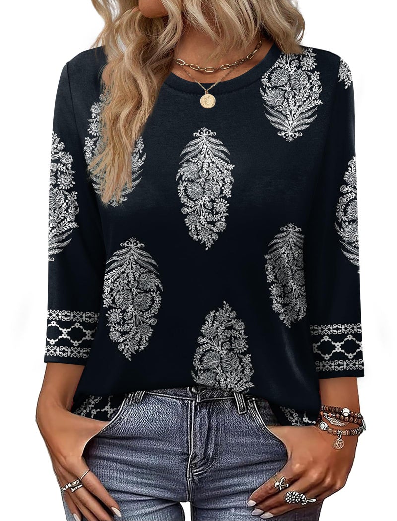 OFEEFAN Boho Tops For Women Plus Size Clothes Spring Fashion 2026 3/4 Length Sleeve Womens Tops Trendy Vacation Outfits Boho Chic Clothing XL - Image 1