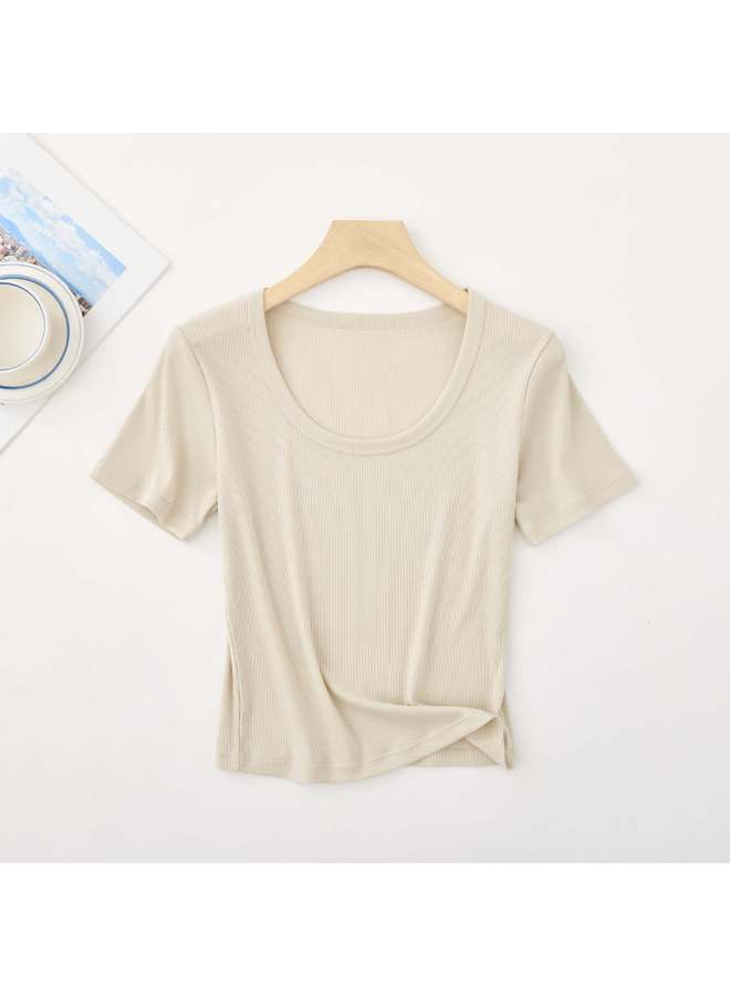 [ready Stock Customization] Tencel Short-sleeved Women's Summer Versatile U-neck Top Simple Slim Fit Cool Breathable T-shirt For Women