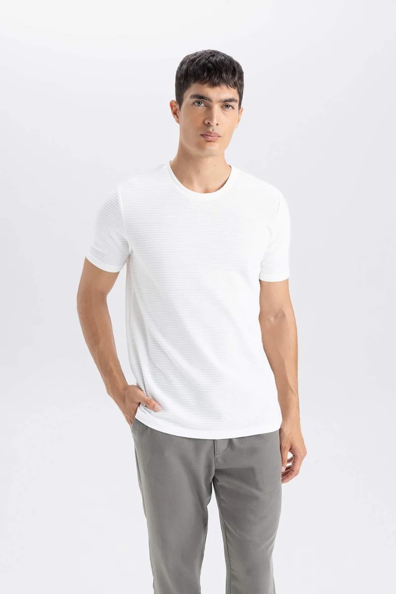ديفاكتو Slim Fit Crew Neck Basic White Short Sleeve T-Shirt