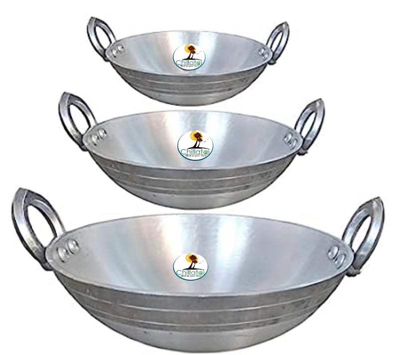 CHILLATAI Aluminium Kadai/Fry Pan/Thick Bottom Fry Pan 8 inch, 10 inch, 11 inch Combo 3 Multipurpose Use - Image 1
