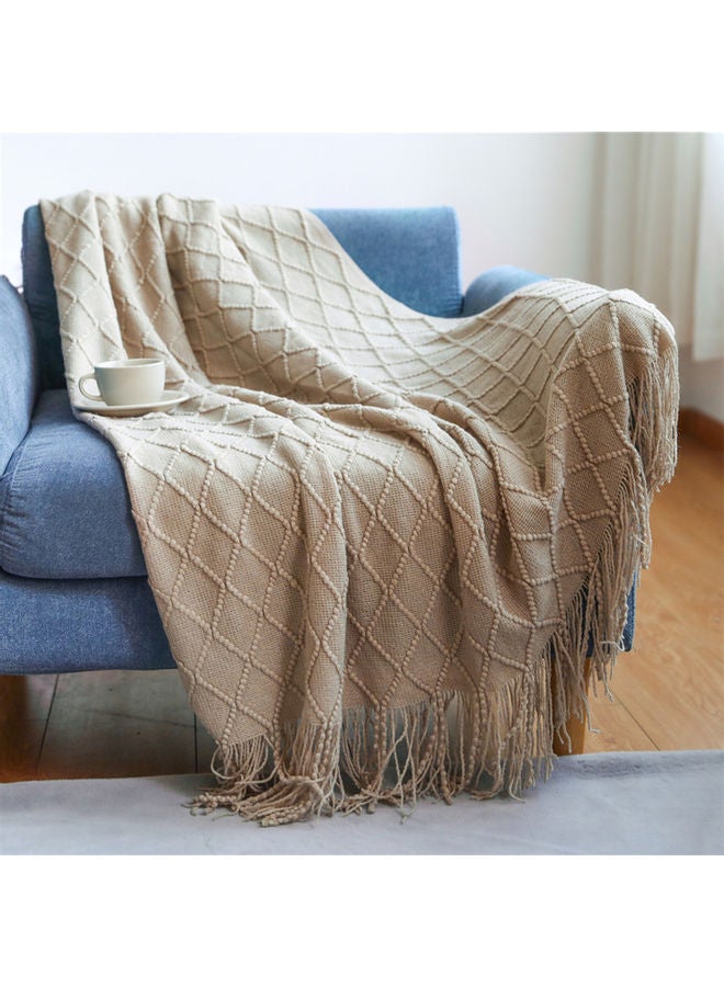 Tassel Design Soft Blanket Keep Warm Cotton Beige 127 x 172cm - Image 2