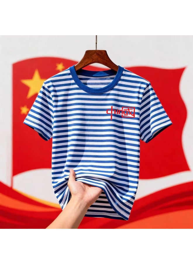 Primary And Middle School Students Red Scarf Activity Class Clothes National Day Family Clothes Pure Cotton Sea Soul Shirt T-shirt Short Sleeve Blue And White Striped Trendy