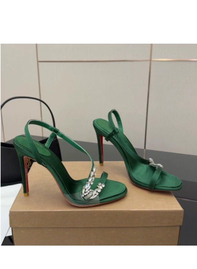 French Rhinestone Exquisite High Heels, Tthick Heels, Open Toed Sandals - Image 2