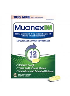 Mucinex Cough Suppressant and Expectorant, DM 12 Hr Relief Tablets, 600 mg, Multicolor, 40 Count