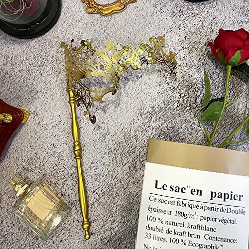 IncreDecor Masquerade Mask for Women with Stick Gold Shiny Metal Masks for Mardi Gras Venetian Prom Halloween Costume Party - Image 4