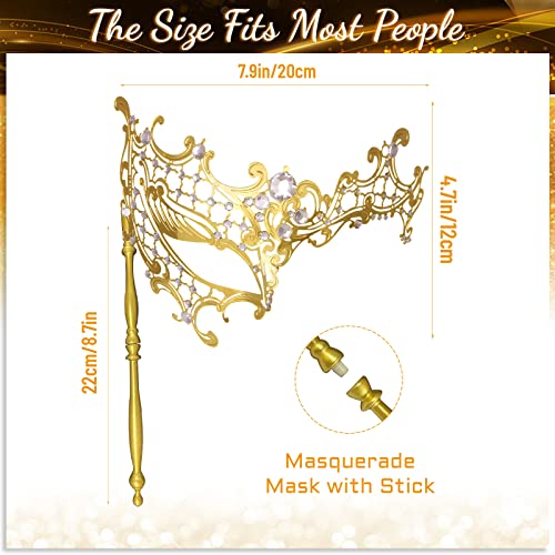 IncreDecor Masquerade Mask for Women with Stick Gold Shiny Metal Masks for Mardi Gras Venetian Prom Halloween Costume Party - Image 2