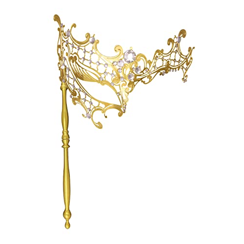 IncreDecor Masquerade Mask for Women with Stick Gold Shiny Metal Masks for Mardi Gras Venetian Prom Halloween Costume Party - Image 1