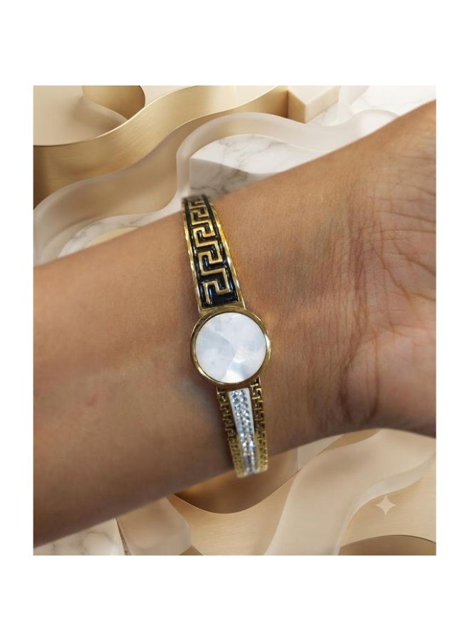 Eternity Pearl Gold Stainless Steel Bangle with Mother-of-Pearl & Greek Key Pattern